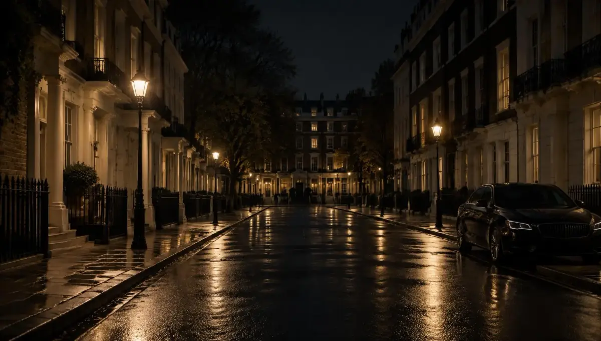 Chauffeur car on a London street at night
