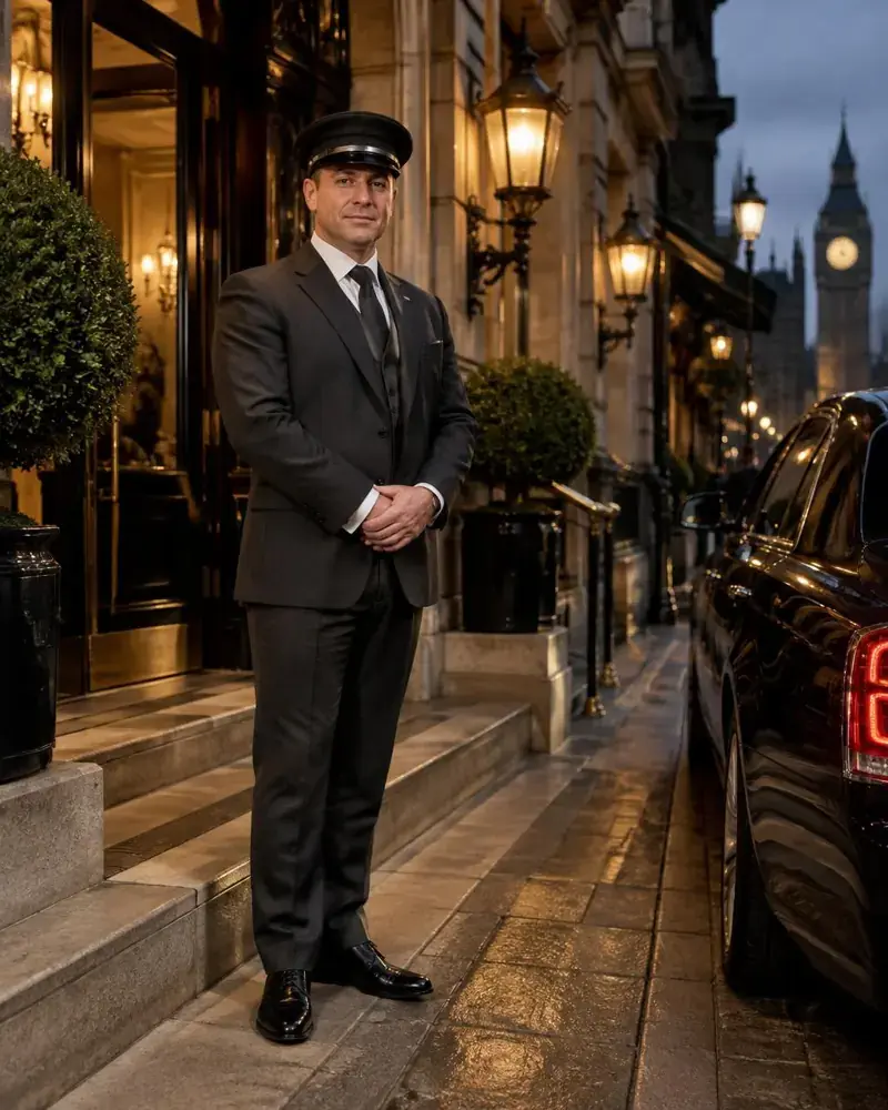 Chauffeur standing beside a black luxury SUV