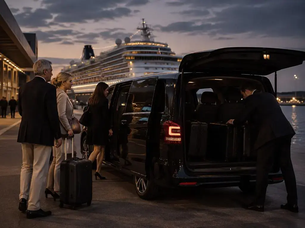 Couple and chauffeur at a cruise terminal