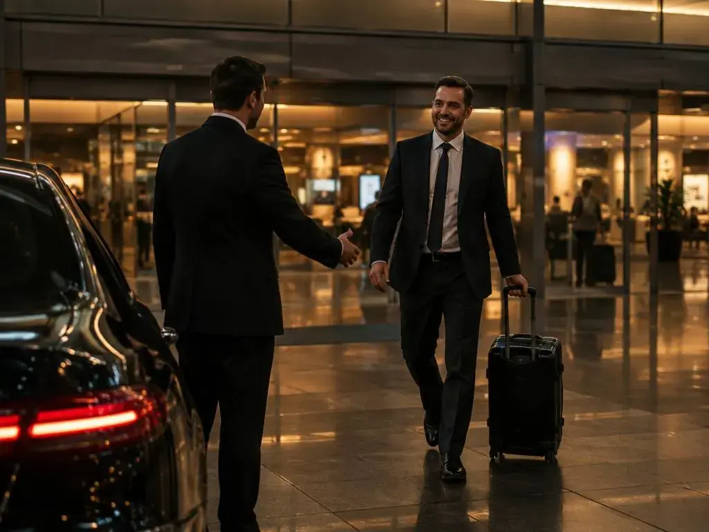 Executive stepping out of a chauffeur car in the City of London