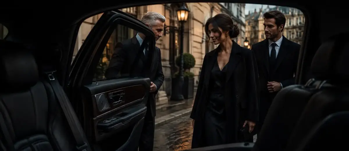 Chauffeur car on a London street at night