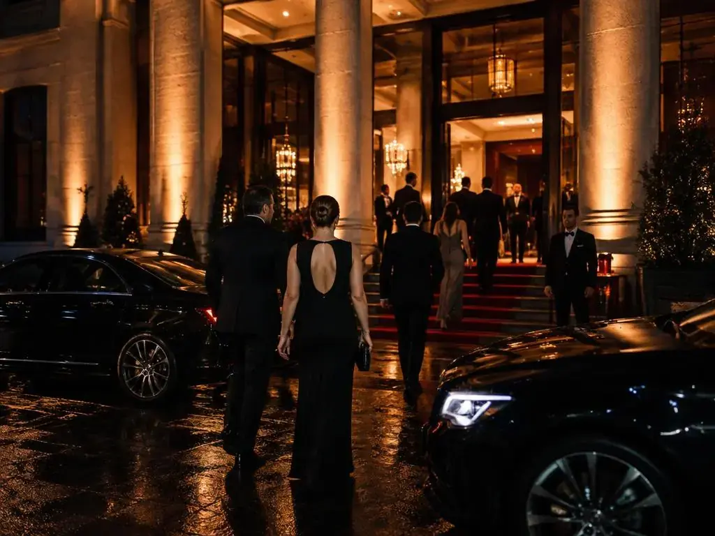 Guest arriving at a luxury hotel by chauffeur car