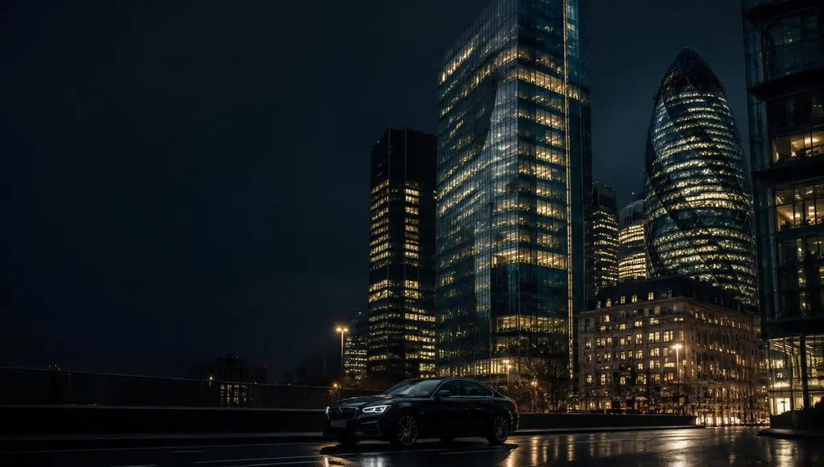 Executive stepping out of a chauffeur car in the City of London