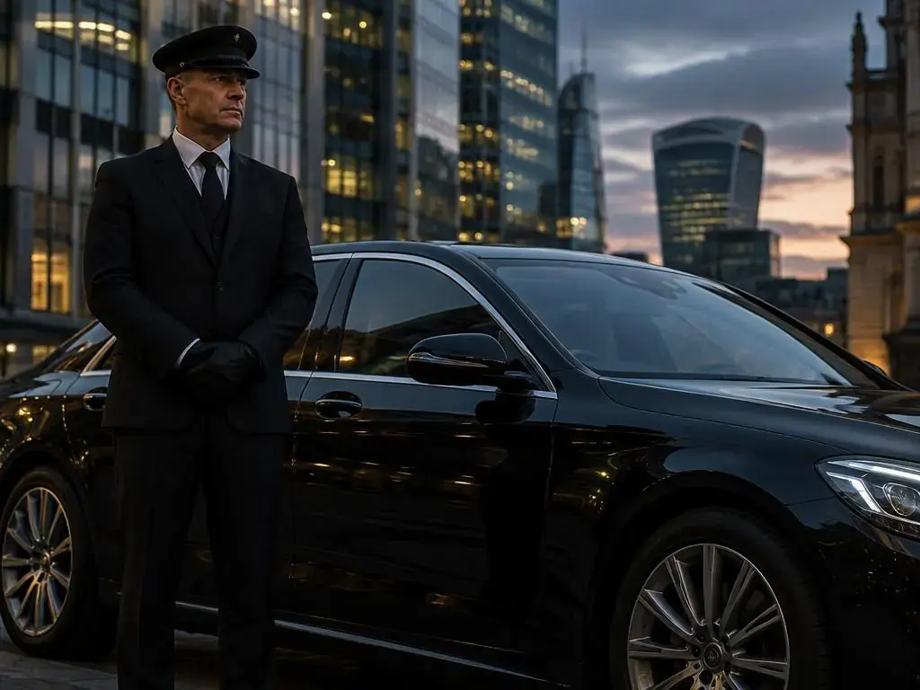 Executive stepping out of a chauffeur car in the City of London
