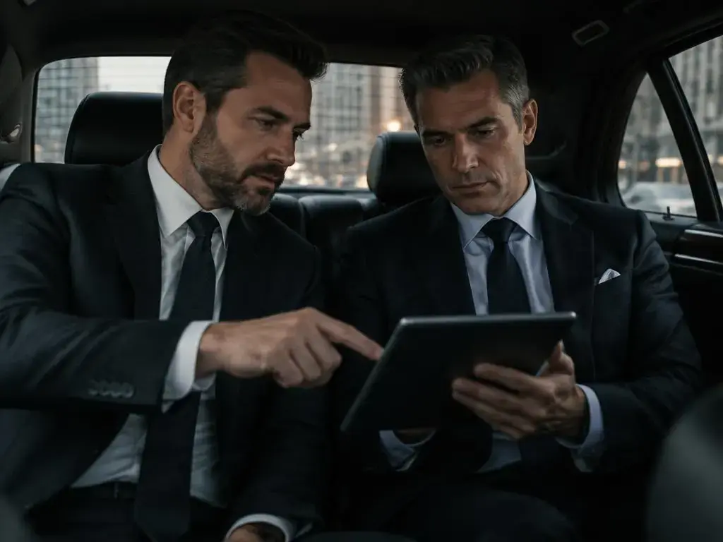 Couple relaxing in the rear seat of a luxury car at night