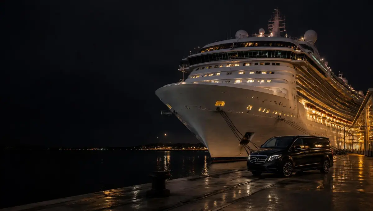 Couple and chauffeur with luggage beside a luxury MPV at a cruise terminal