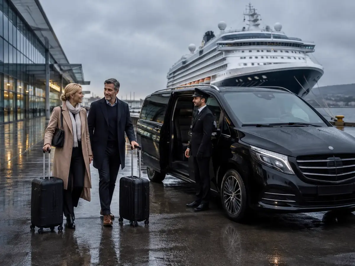 Couple and chauffeur with luggage beside a luxury MPV at a cruise terminal