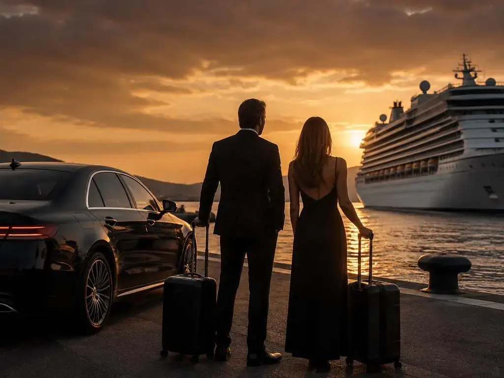 Couple and chauffeur with luggage beside a luxury MPV at a cruise terminal