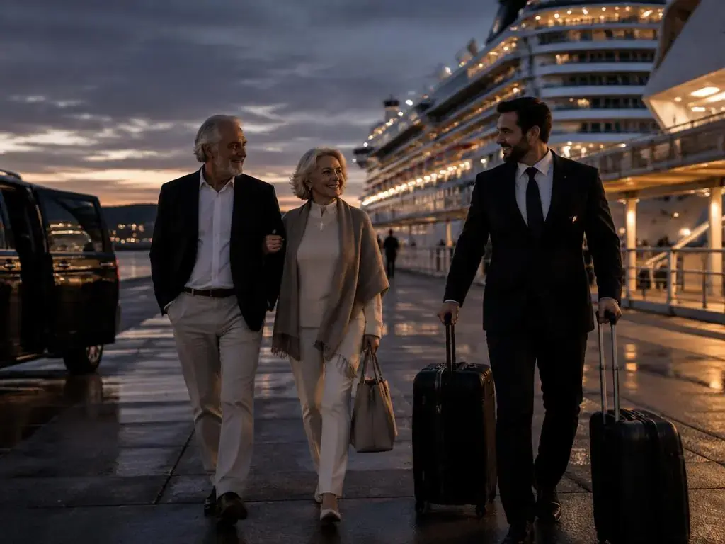 Couple and chauffeur with luggage at a cruise terminal
