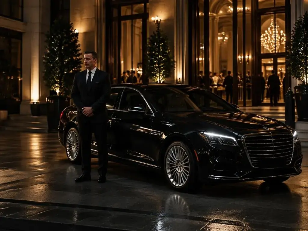 Chauffeur standing beside a black luxury SUV