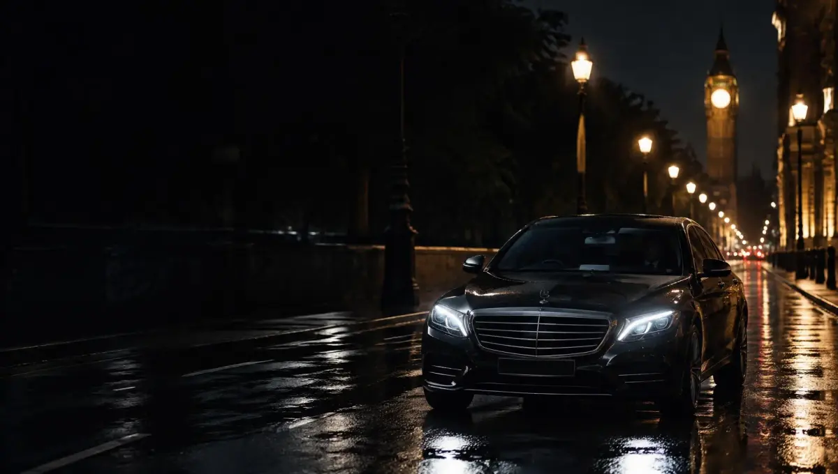 Chauffeur car on a London street at night