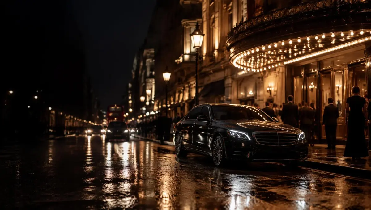 Couple arriving at a West End theatre by chauffeur car