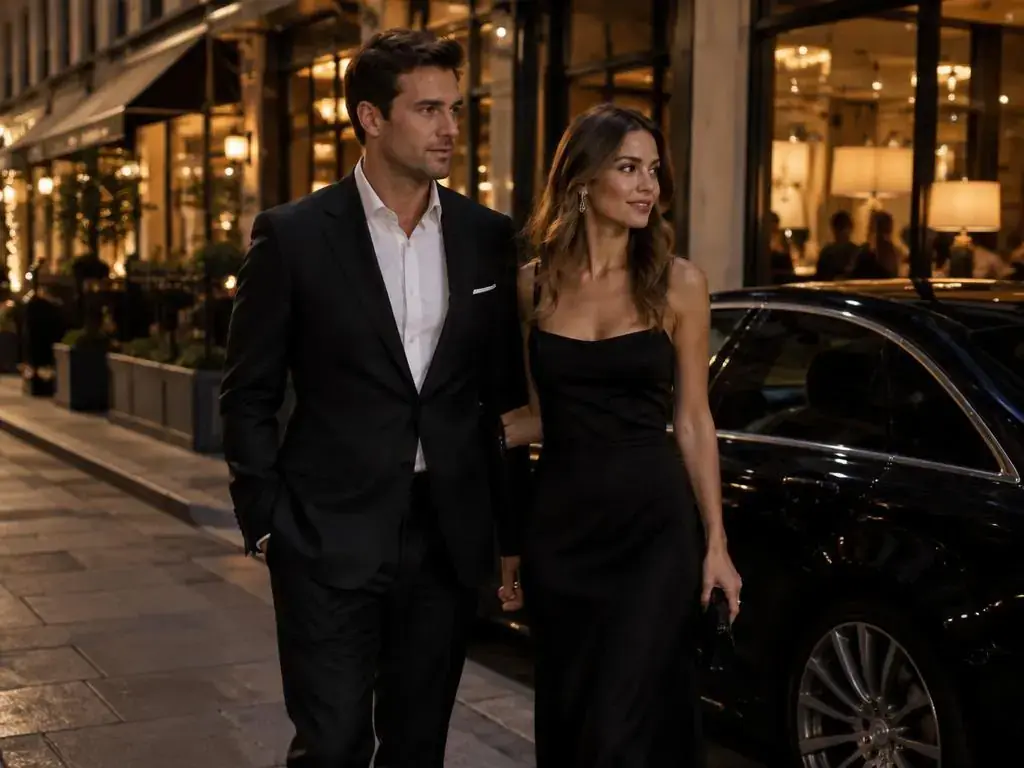 Couple arriving at a West End theatre by chauffeur car