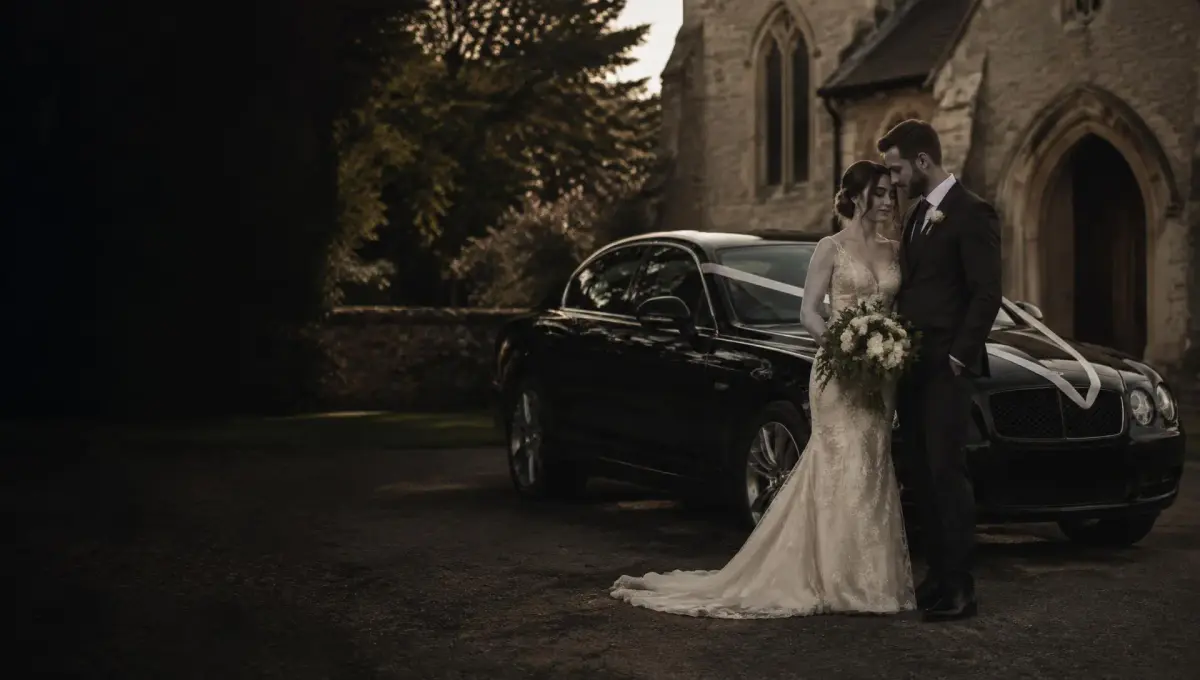 Bride and groom beside a luxury wedding car