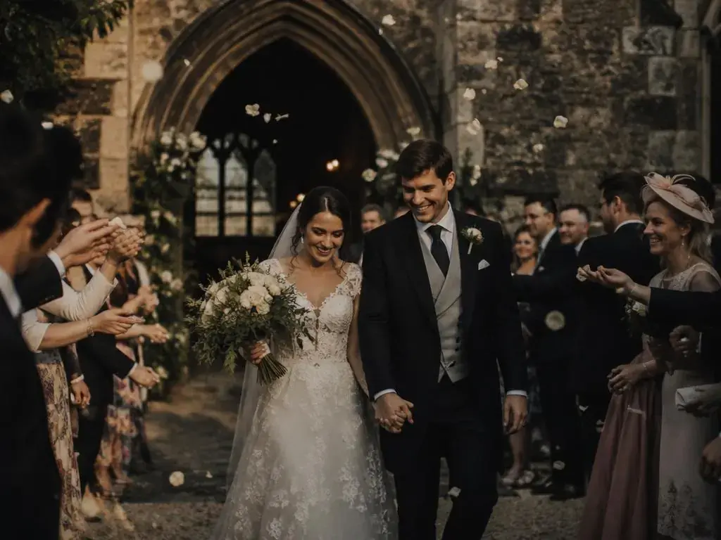 Bride and groom beside a luxury wedding car