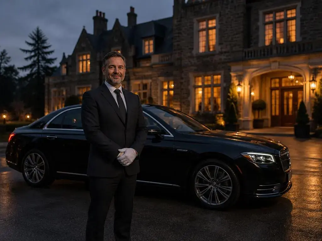 Chauffeur standing beside a black luxury SUV
