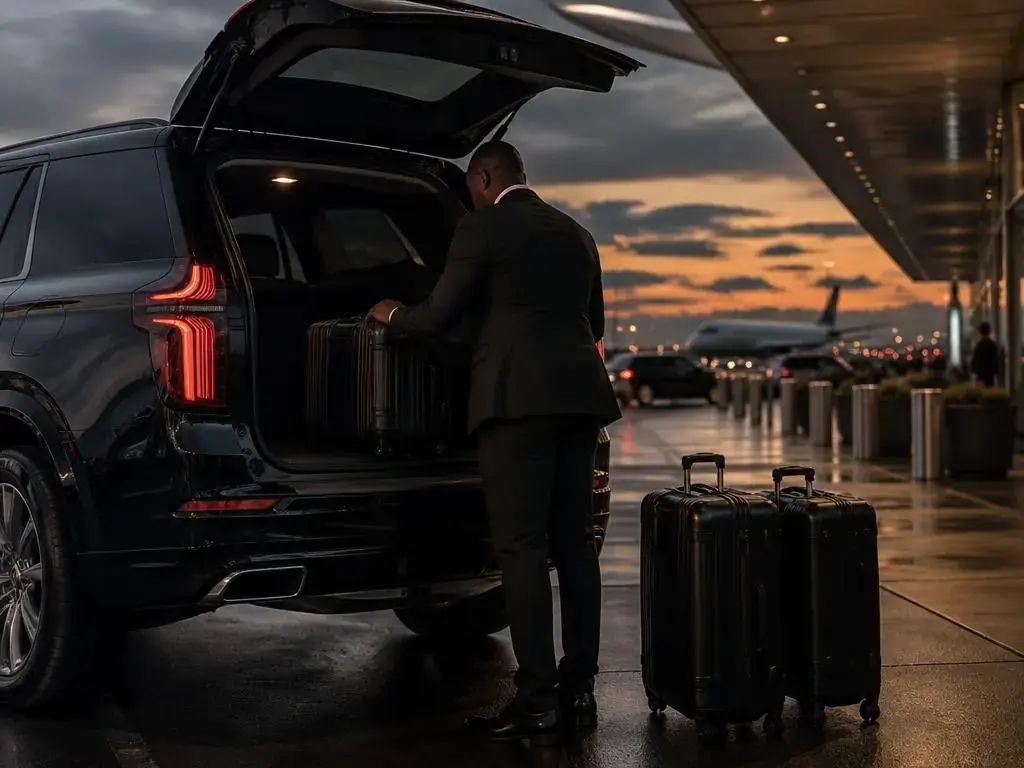 Chauffeur loading luggage at an airport terminal