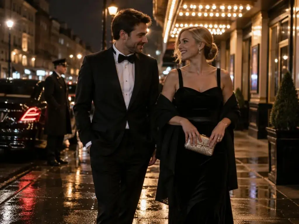 Couple arriving for an evening out by chauffeur car