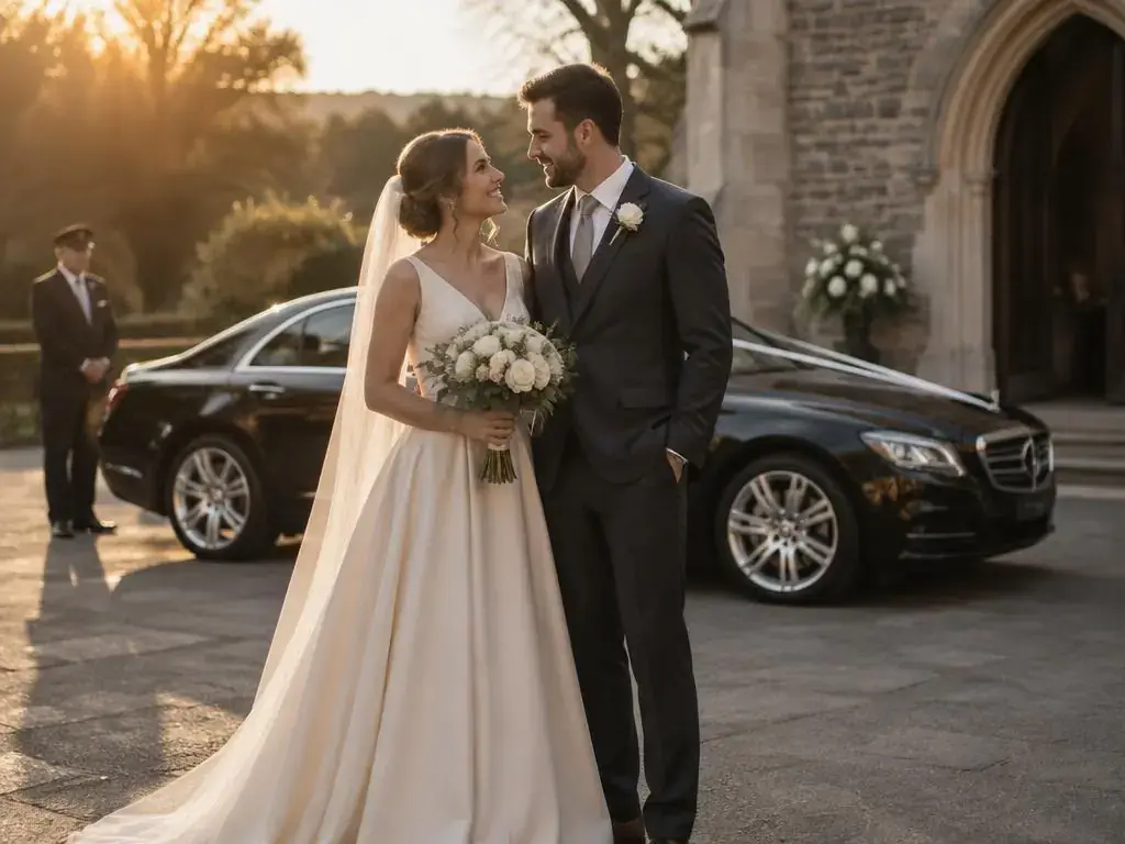 Couple arriving for a special occasion by chauffeur car